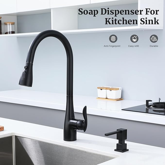 Sink Soap Dispenser for Kitchen Sink (Matte Black), All Brass Built-in and Refill from Top Design,Metal Hand Soap & Dish Soap Copper Pump