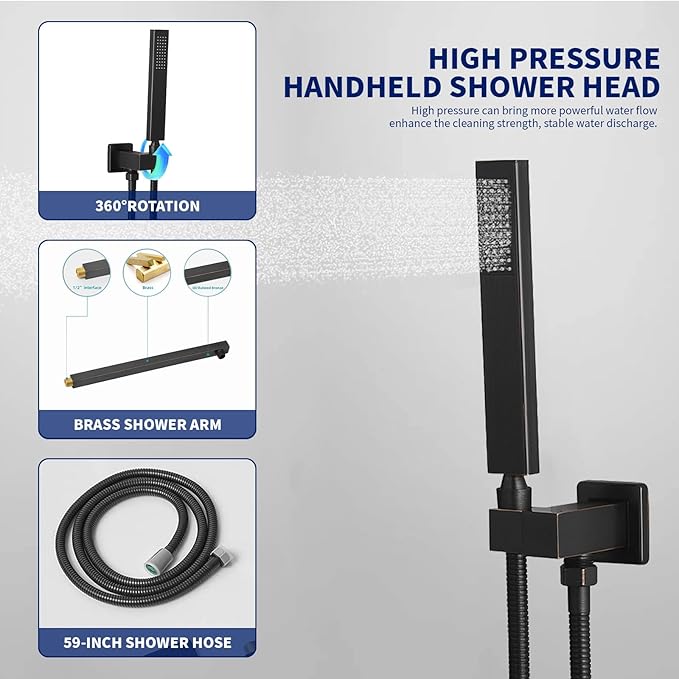 BWE Shower Faucet Oil Rubbed Bronze 12 Inch Square Bathroom Luxury Rain Mixer Shower Combo Set 2-Functions Wall Mounted Rainfall Shower Head System Rough-in Valve Body and Trim Included