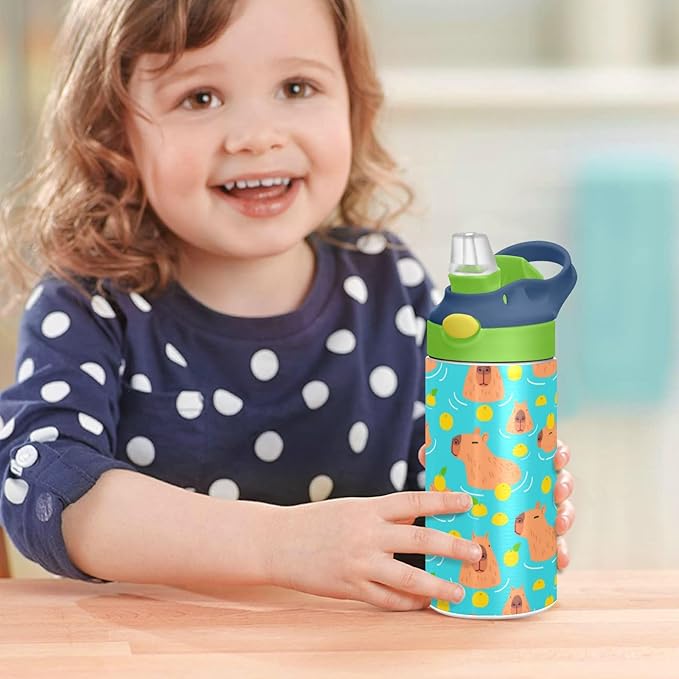 Cute Capybaras Kids Water Bottle with Straw Lemon Insulated Stainless Steel BPA-Free Sport Bottles for Boys Girls Toddlers 12 oz Green Lid