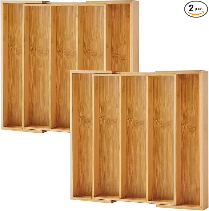 Purawood 2 PACK Large Premium Bamboo Silverware Organizer - Expandable Kitchen Drawer & Utensil Organizer, 17.5" x 19.75" Cutlery Tray with Drawer Dividers for Kitchen Flatware…