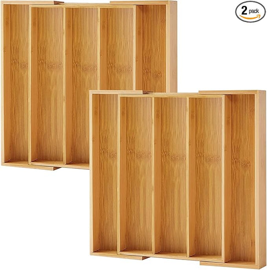 Purawood 2 PACK Large Premium Bamboo Silverware Organizer - Expandable Kitchen Drawer & Utensil Organizer, 17.5" x 19.75" Cutlery Tray with Drawer Dividers for Kitchen Flatware…