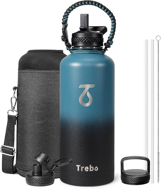 Trebo Water Bottle 87oz with Paracord Handle, Food-grade Double Wall Vacuum Stainless Steel Insulated Jug with Straw Spout Handle Lids, Leakproof Keep Cold & Hot,Indigo/Black