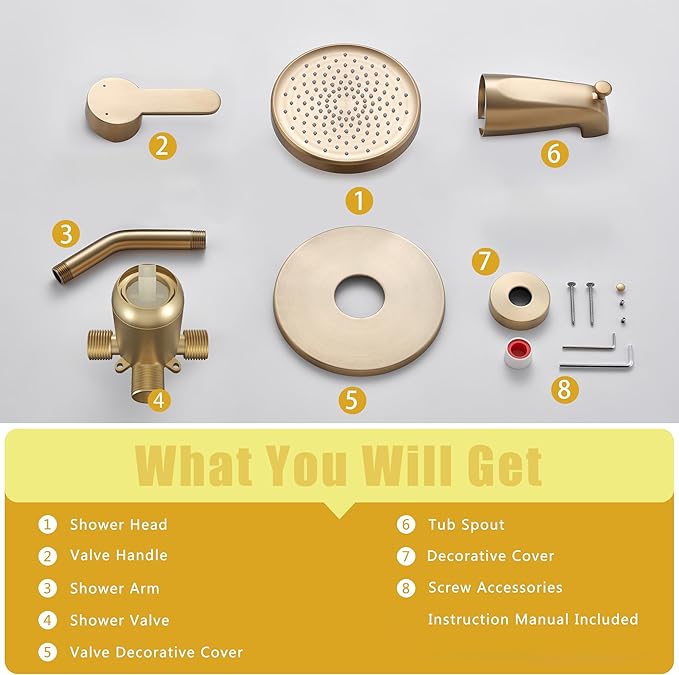 Tohlar Gold Shower Faucet Set with Tub Spout, Bathtub and Shower Faucet Combo Kit, 6-Inch Rain Shower Head and Faucet Set with Valve, Brushed Gold