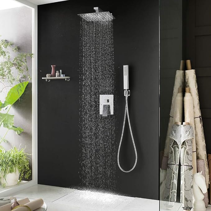 Iriber Chrome Shower System 10 Inch High Pressure Rainfall Shower Head Brass Shower Set Bathroom Rain Shower Mixer Shower Valve Modern Rain Shower and Shower Faucet and Handheld Combo Set