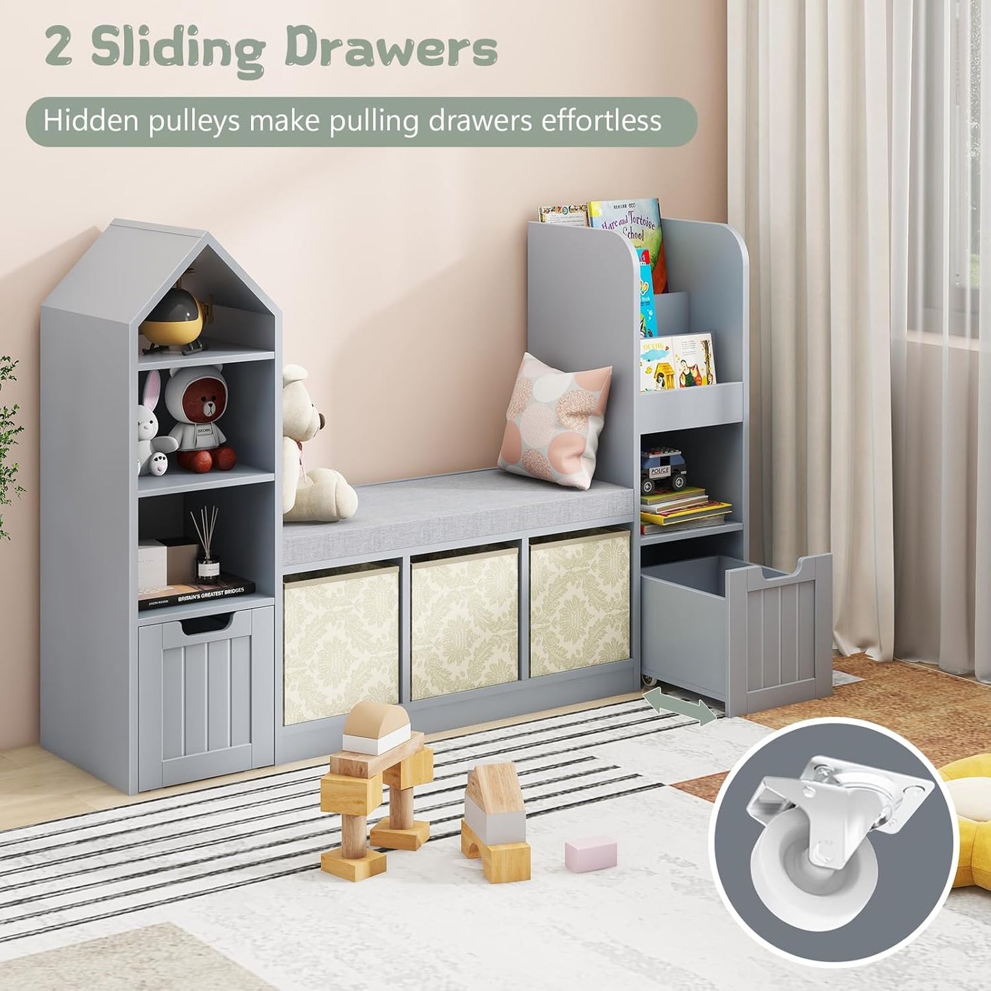 Vabches Toy Storage Organizer for Kids Bookshelf with Reading Nook, Multifunctional Bookcase with 7 Storage Cubbies, 2 Movable Drawers and Seat Cushion for Keeping Kids' Toys Books Organized, Grey