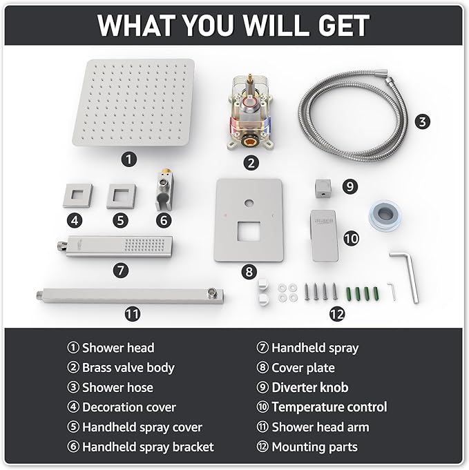 Iriber 12-Inch Rainfall Shower System with Handheld Combo, Brushed Nickel Finish, High Pressure Brass Shower Set