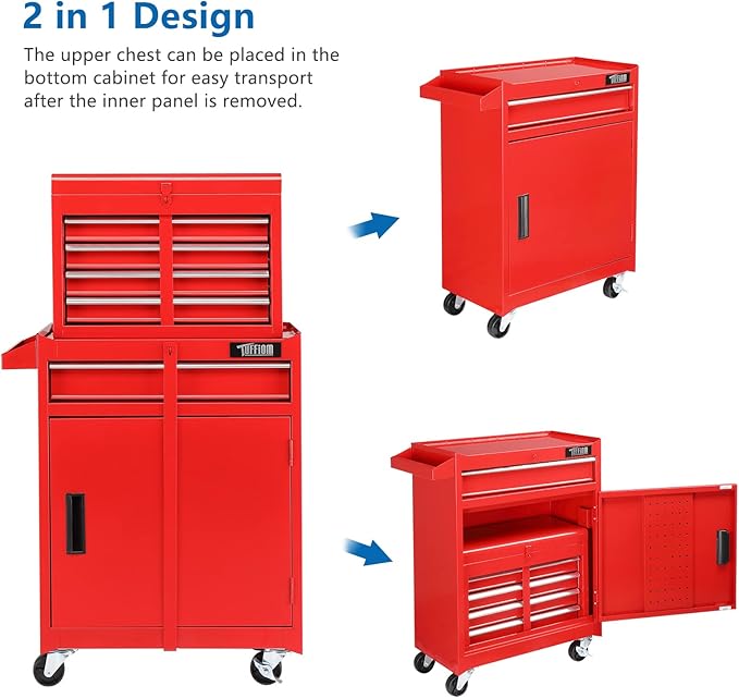 TUFFIOM 5-Drawer Rolling Tool Chest, Tool Storage Cabinet w/Drawers, Lockable Wheels, Detachable Top & Adjustable Shelf, Mechanic Tool Organizer Box for Garage, Workshop, Warehouse & Repair Shop