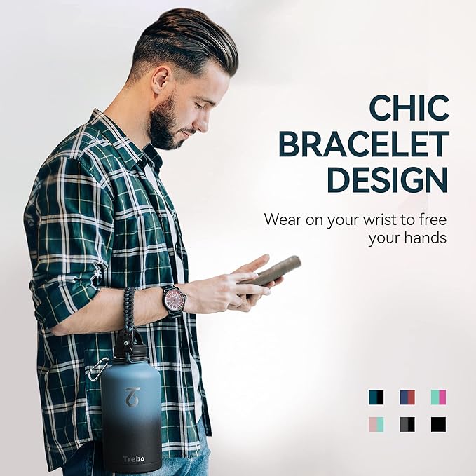 Trebo Water Bottle 64oz with Paracord Handle, Half Gallon Food-grade Double Wall Vacuum Stainless Steel Insulated Jug with Holder Strap Straw Spout Handle Lids, Leakproof Keep Cold & Hot, Indigo/Black