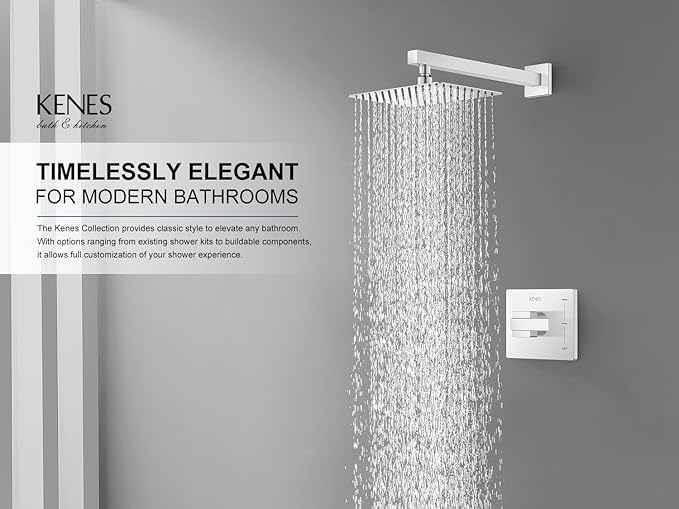 KENES Modern Polished Chrome Shower Faucet Set, Square Shower Trim Kit with Single-Spray Shower Head, Shower Trim Systems Wall Mount, KE-6024B-5 (Shower Valve Included)