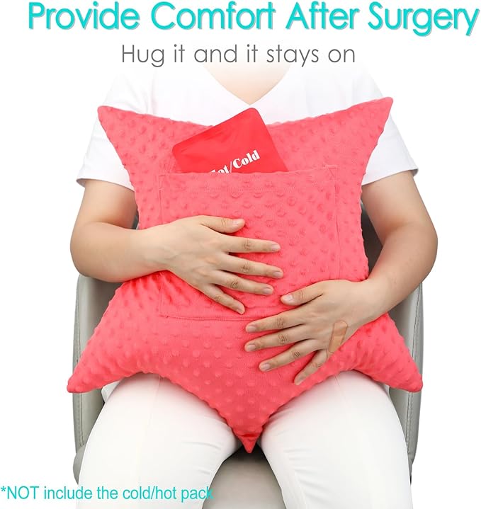 Heart Surgery Pillow Shock Absorbing for Open Heart Surgery After Bypass Coughing with 2 Pockets - Recovery Gifts with Hands Placement Pouch, Minky Dot Red