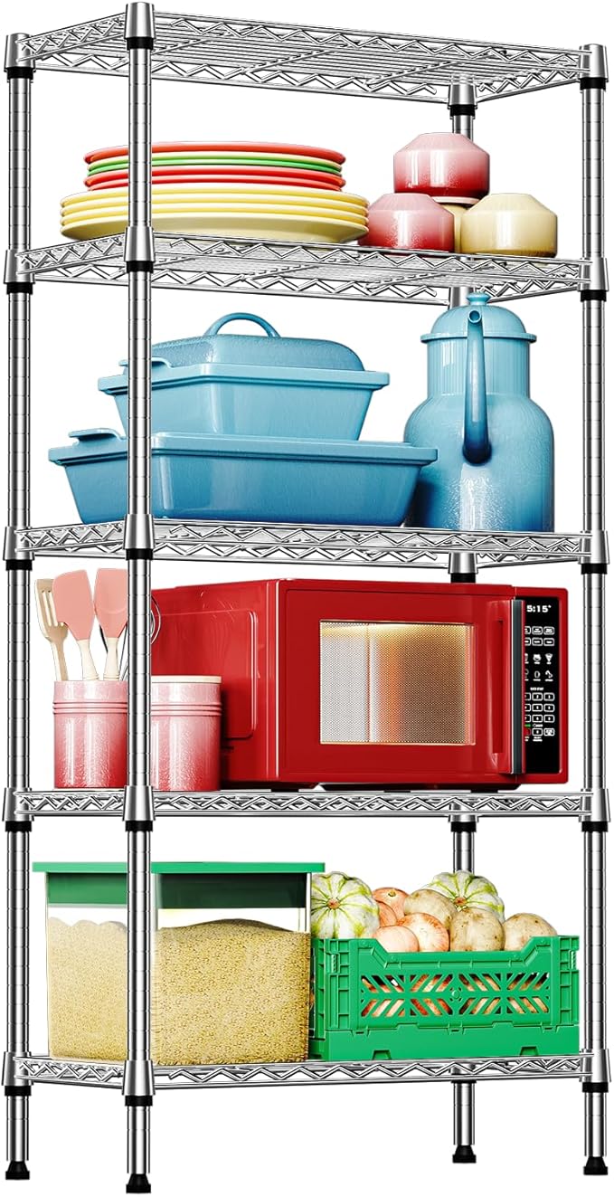 IZEUK 5-Tier Chrome Metal Storage Shelves, Heavy Duty Wire Shelving Unit for Kitchen, Office, Garage, or Home Organization, 1250 lbs Capacity, 13.8" D x 29.5" W x 59.5" H