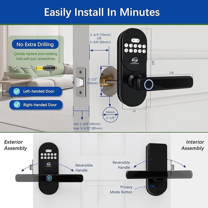 Smart Door Lock with Fingerprint and Keypad, Keyless Entry Deadbolt with Handle, APP Control and Auto Lock for Front Door, Easy Install for Home and Office, IP65 Weatherproof