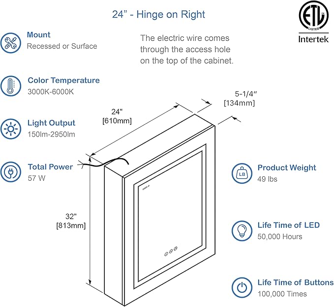 Blossom LED Medicine Cabinet with Mirror, 24x32 In | Lighted Bathroom Mirror Medicine Cabinet with Defogger | Recessed or Surface 3X Makeup Mirror, 3 Color Dimmer, Outlets & USB | A2(M)-24-Right Hinge