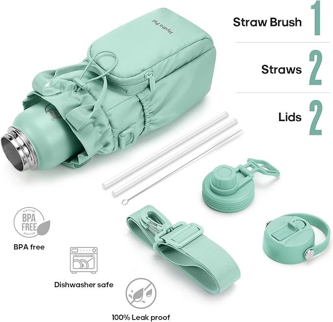 Insulated Water Bottles 40 oz with 2 Leak Proof Lids & Water Bottle Holder, Wide Mouth Sport Water Bottle with Straw, Reusable Stainless Steel Water Flask, Double Walled Vacuum Thermos