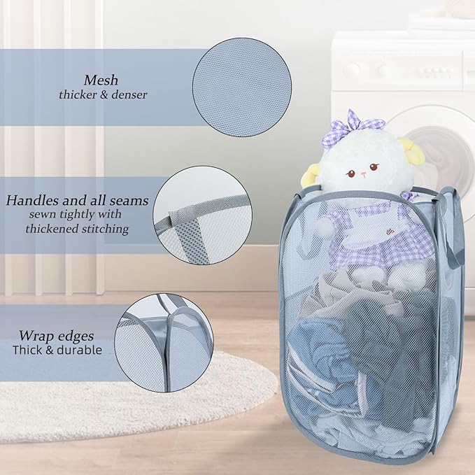 Upgraded 100L Extra Large Collapsible Laundry Baskets, 2 Pack XL Mesh Pop Up Laundry Hamper with Handles, Portable Travel Laundry Basket, Foldable Hamper. Grey. 2V