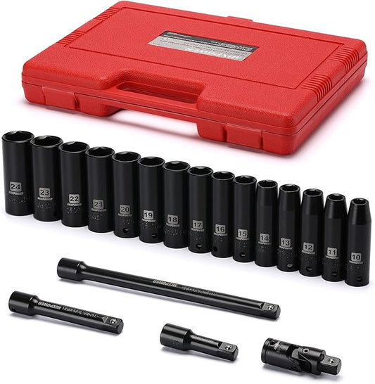 MIXPOWER 1/2-Inch Drive Deep Impact Socket Set, CR-V, Metric Size 10-24mm, 6 Point, Perfect for Home, Mechanic and Repair Project, 19-Piece Sockets Set with Extension Bar and Universal Joints.