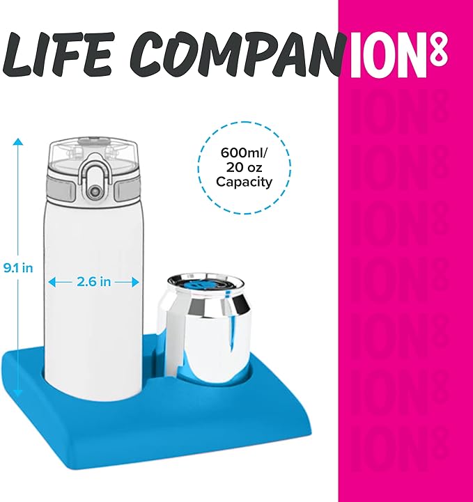 Ion8 Steel Water Bottle, 600 ml/20 oz, Leak Proof, Easy to Open, Secure Lock, Dishwasher Safe, Hygienic Flip Cover, Fits Cup Holders, Carry Handle, Durable, Carbon Neutral, Metallic Purple