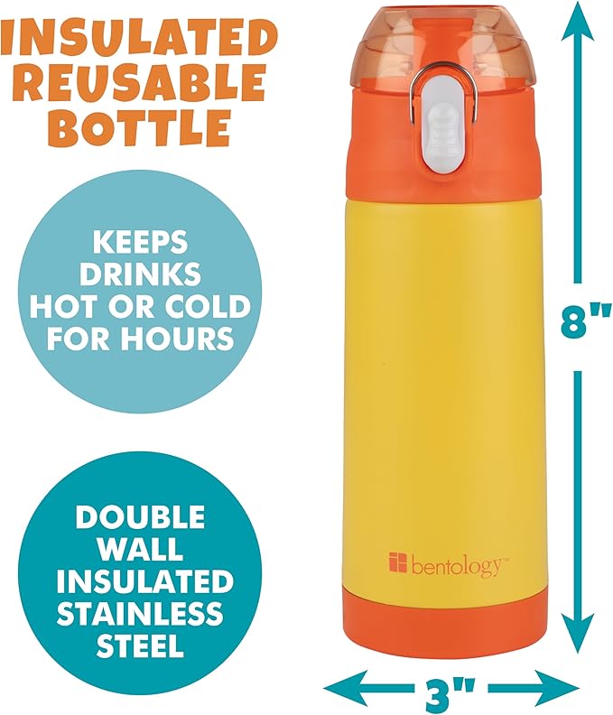 Bentology Stainless Steel 13oz Insulated Kids Water Bottle w Built In Straw- Easy to Open, Reusable BPA-Free, Fits in Most Lunch Boxes for Boys, Girls, School, Sports, Camp- Keep Drink Cold All Day