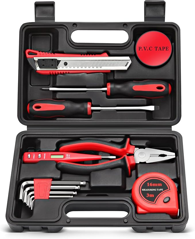 13pcs General Household Tool Set, Home Tool Kit with Plastic Toolbox for DIY, Maintenance, Perfect for Students & Homeowners (Red)