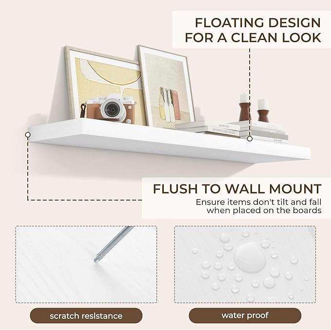 RICHFOCUS 48Inch Floating Shelves for Wall 1 Pack Shelves for Bedroom|Kitchen|Bathroom Wall Mounted Rustic Wood Floating Shelf with Invisible Brackets for Books|Storage|Decor, White