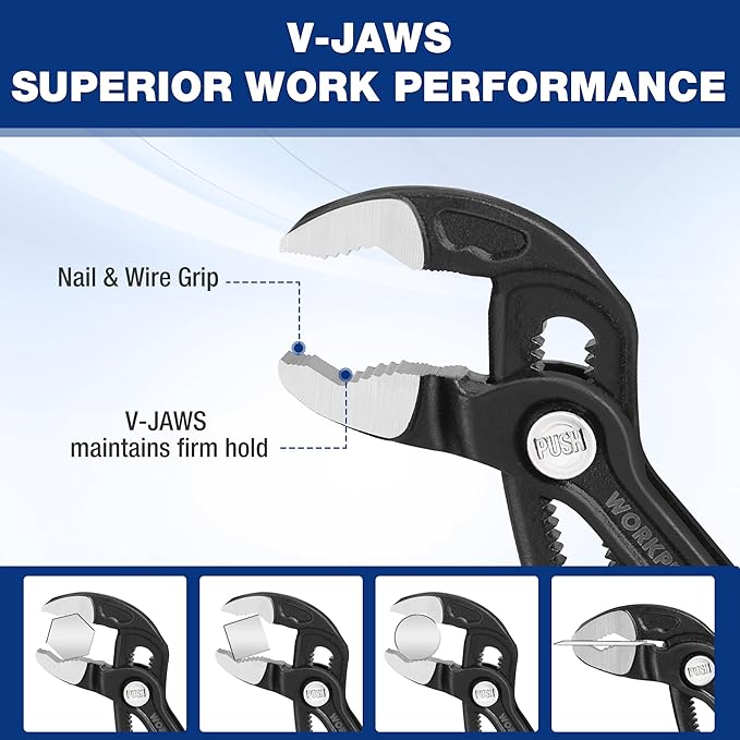 WORKPRO 7" & 10" Groove Joint Pliers Set, Upgraded Wide Opening Slip Joint Pliers Set, V-Jaw Quick Adjustable Plier, CR-V Steel, Dual Serrated, Water Pump Plier for Home & Industrial Repair, Soft Grip
