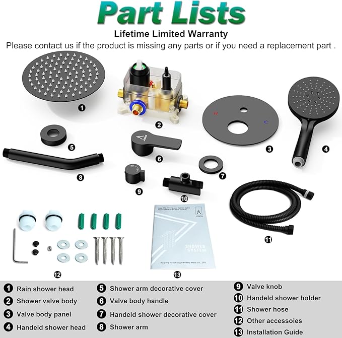 Shower Faucet Set 8IN Brass Rough-In Valve Body Trim Kit Rainfall Included Handle Accessories Complete 2 Functions with Rain Head and Handheld Bathroom Systems (8 Inch Matte Black)