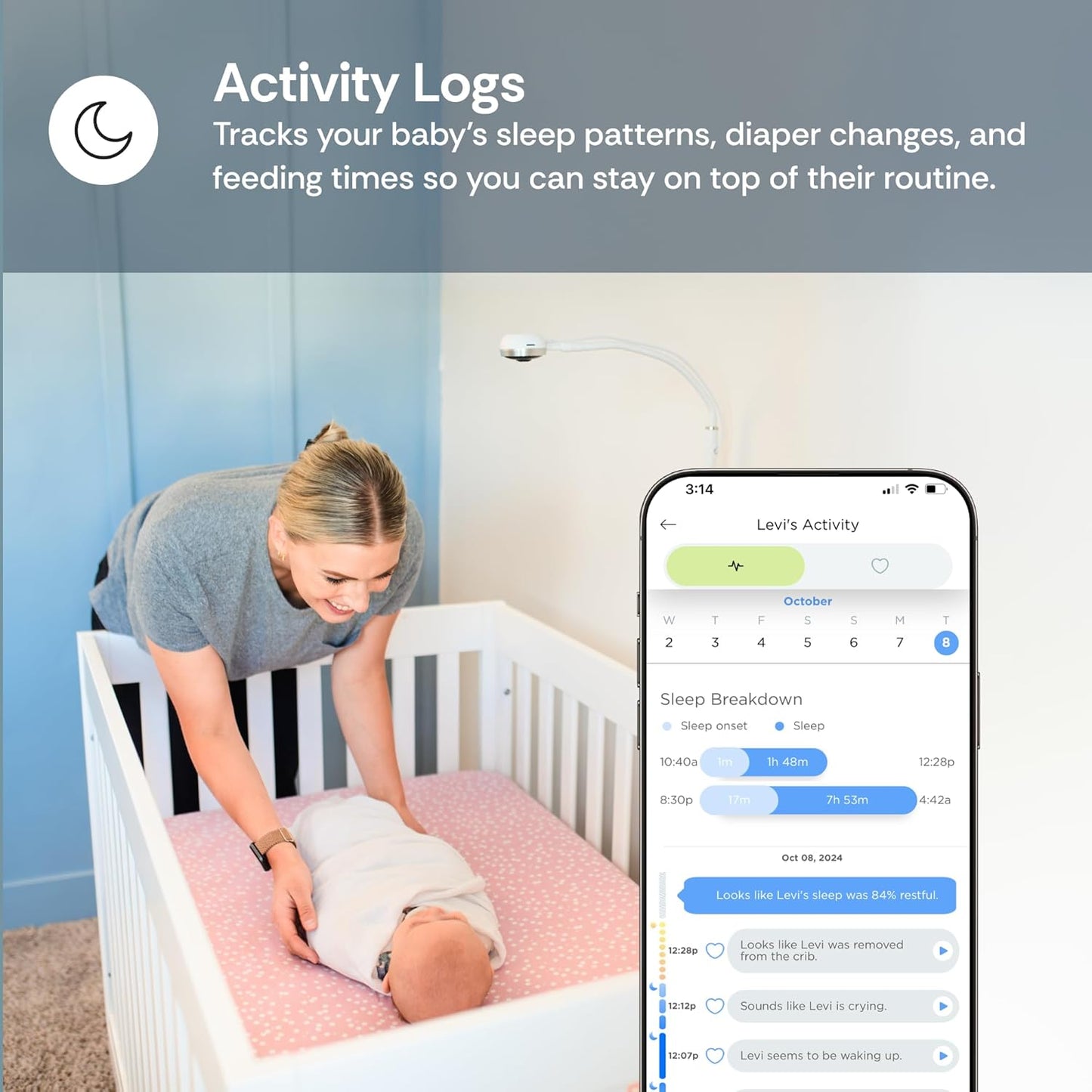 Luna 2.4GHz WiFi Baby Camera Monitor & Floor Stand, Sensor-Free Infant Breathing Monitor, Smart AI Monitoring, Sleep Tracker, Crying Detection, Night Vision, 2-Way Audio, Newborn Essentials