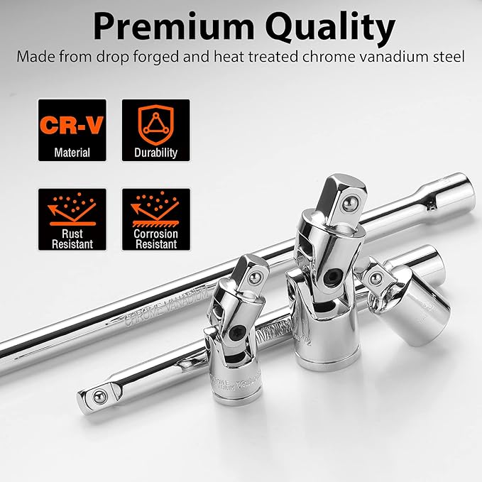 VALUEMAX 9 PCS Socket Accessory Set, Includes 3/8" Drive Extension Bar Set, 1/4", 3/8" & 1/2" Drive Universal Joints and Adapters, Chrome Vanadium Steel with Mirror Finish, Chrome Plated