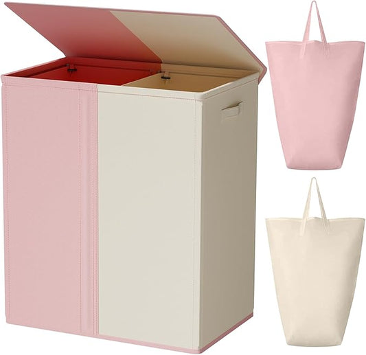 WOWLIVE Double Laundry Baseket with Lid and Removable Laundry Bags,154L Large Laundry Hamper 2 Section Collapsible Dirty Clothes Hamper for Laundry Room,College Dorm,Bathroom,Pink and Beige
