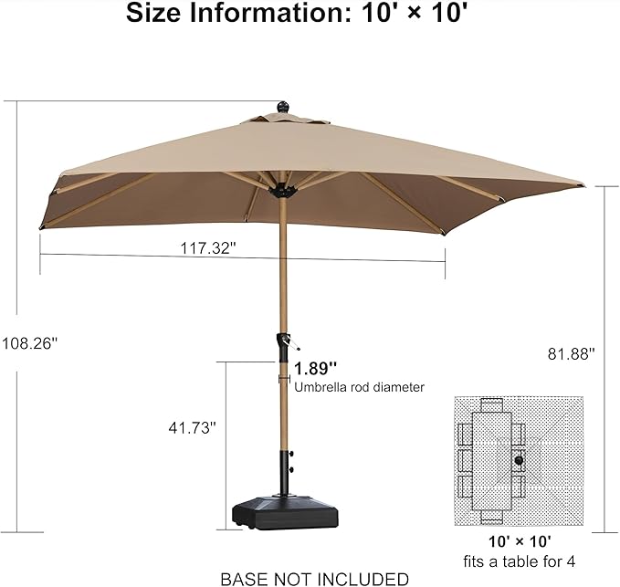 PURPLE LEAF 10' x 10' Square Patio Umbrella Outdoor Table Umbrella Aluminum Market Umbrella with 8 Sturdy Ribs & Crank Outdoor Umbrellas for Garden Deck Patio, Taupe