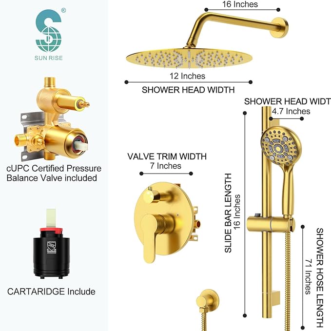 SR SUN RISE 12 Inch Brushed Gold Shower System, Wall-Mount Adjustable 16-Inch Slide Bar with 6-Function Hand Shower Faucet Included Valve and Trim Kit