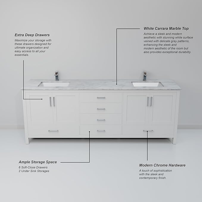 Big Sur 80 in. W x 22 in. D White Double Bath Vanity and Carrara Marble Top