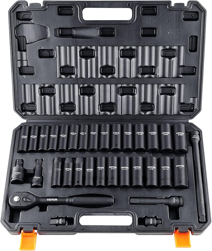VEVOR Impact Socket Set 1/2 Inch Drive, 33-Piece Deep Socket Set SAE (3/8 to 1 inch) & Metric (10 to 24 mm) Size, 6 Point, CR-V, Extension Bars, Ratchet Handle, Universal Joint, Adapter and Reducer