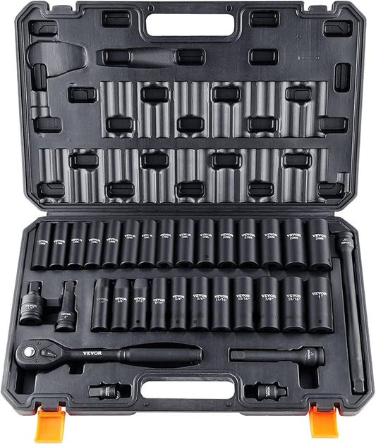 VEVOR Impact Socket Set 1/2 Inch Drive, 33-Piece Deep Socket Set SAE (3/8 to 1 inch) & Metric (10 to 24 mm) Size, 6 Point, CR-V, Extension Bars, Ratchet Handle, Universal Joint, Adapter and Reducer
