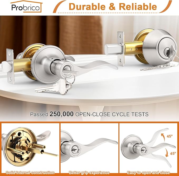 Probrico 3 Pack-Entry Door Lever and Deadbolt Lock Set, handleset with Single Cylinder Deadbolt Keyed Alike Combo Pack, Reveriable-Right or Left Handed, Entry Door Lever Exterior and Interior