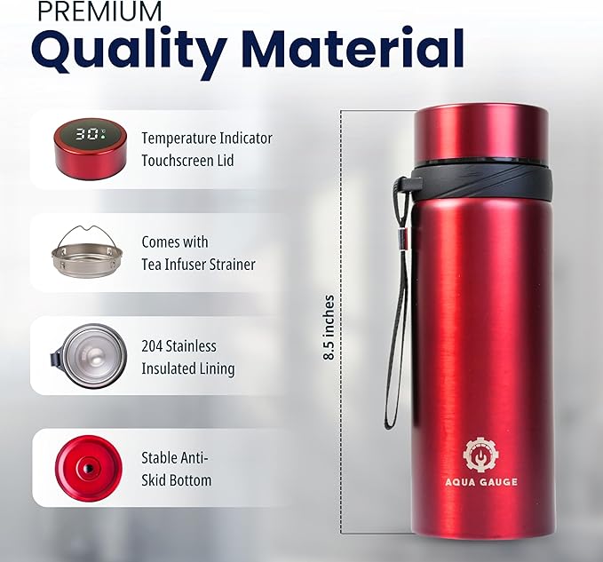 Stainless Steel Thermal Bottle, 600 mL, Digital Temperature Display, 4 Colors (Red)
