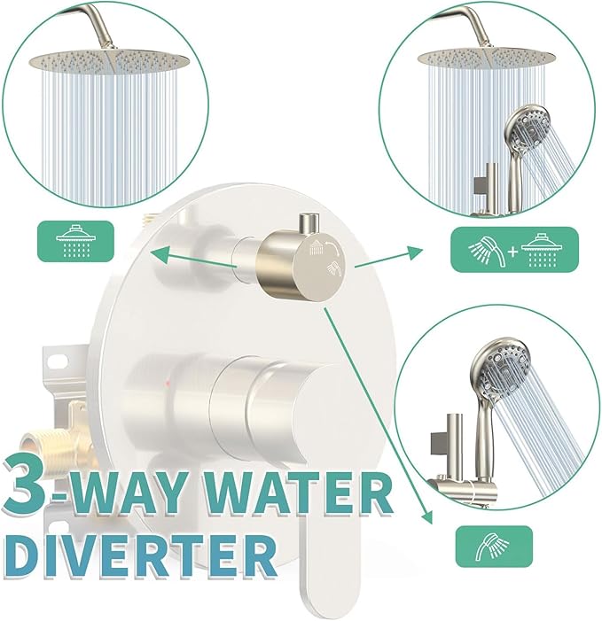 SR SUN RISE 12 Inch Rain Shower System, High Pressure Shower Heads and Handheld 6-Spray Combo Set Slide Bar Shower Faucets Sets Complete Included Valve and Trim Kit for Bathroom, Brushed Nickel