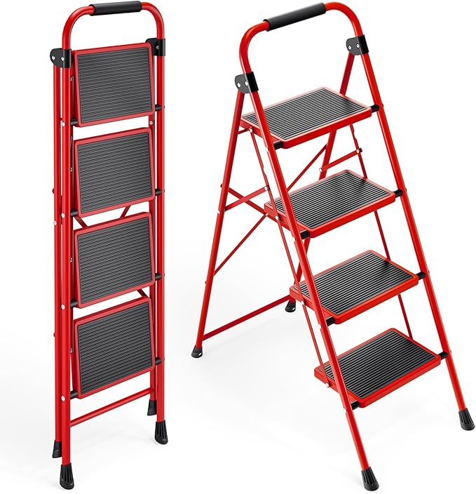KINGRACK 4 Step Ladder, Folding Step Stool with Anti-Slip and Wide Pedal, Lightweight Stepladder with Handrails, Portable for Kitchen, Household, Red