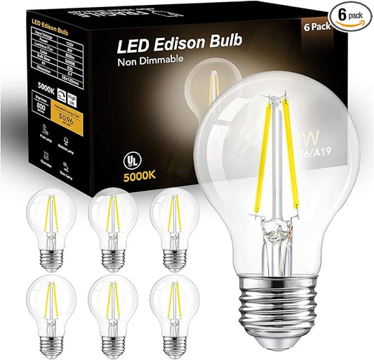 dalattin A19 Vintage LED Edison Bulbs, 60W Equivalent Light Bulbs, 5000K Daylight White, Clear Glass Filament Bulb, Efficient 8W, E26 Base, 800 LM, CRI80+, Non-Dimmable for Home, Farmhouse, 6 Pack