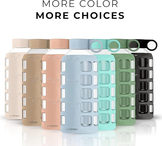 purifyou Premium 40/32 / 22/12 oz Glass Water Bottles with Volume & Times to Drink, Silicone Sleeve & Stainless Steel Lid Insert, Reusable Bottle for Fridge Water, Milk, Juice (22oz Ice Blue)