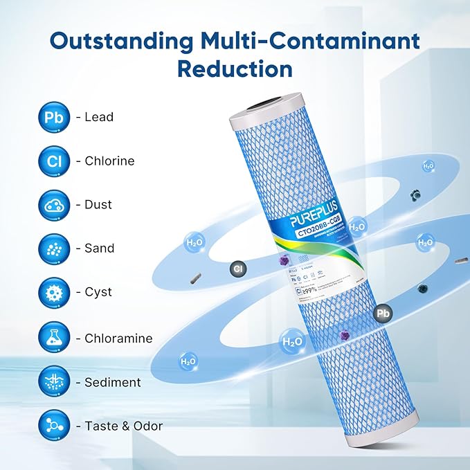 PUREPLUS 5 Micron 20" x 4.5" Whole House Lead Removal Water Filter, Enhanced Coconut Shell Activated Carbon Water Filter, Replacement Cartridge, CTO20BB-CQB, 1 PACK