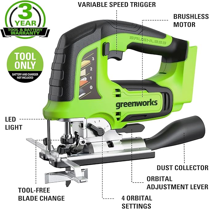 Greenworks 24V Brushless 1" Cordless Jig Saw (3,000 SPM / 4 Settings / LED Light), Tool Only