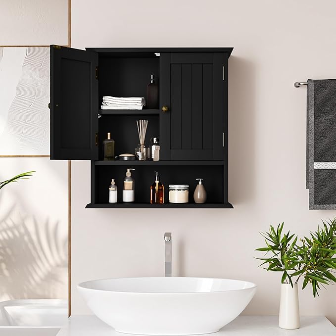 Smuxee Black Wall Cabinet, Small, 2-Door Medicine Cabinet with Adjustable Shelves, Over Toilet, For Kitchen and Laundry Rooms