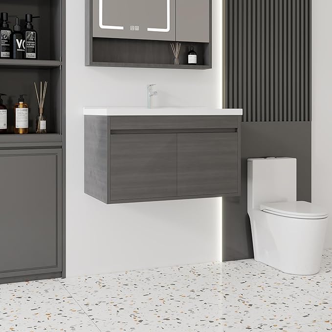 32'' Bathroom Vanity with Ceramic Sink Combo, Wall Mounted Small Bathroom Vanity with Soft-Close Door Modern Floating Cabinet, Pop-up Drain, P-Trap Included, GreyWalnut(No Faucet)