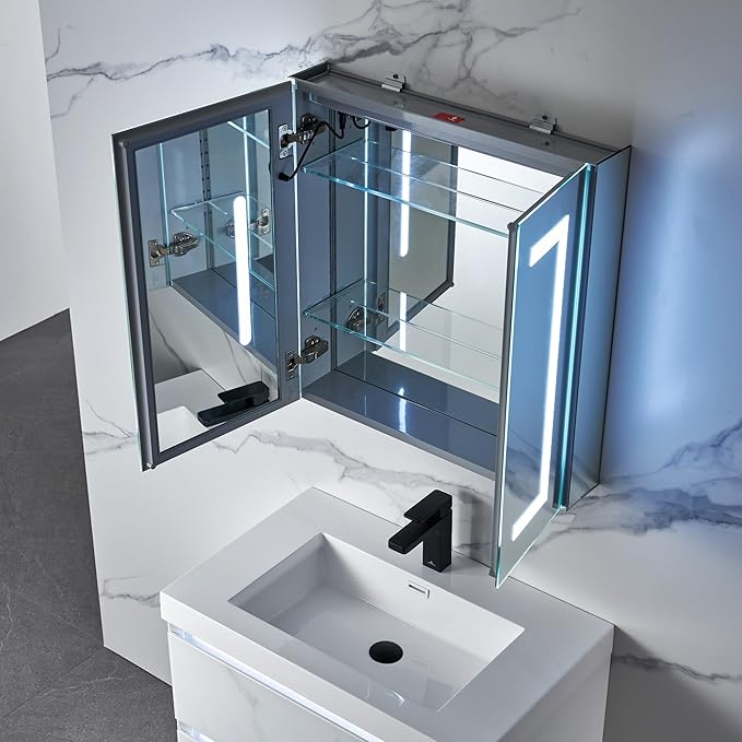 Blossom LED Medicine Cabinet Mirror for Bathroom 25x26 Inch - Recessed/Surface Mounted Lighted Medicine Cabinet with Mirror - Defogger, 3-Color Dimmer - Wall Mounted Storage Cabinet