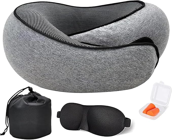 Portable Travel Pillow,Memory Foam Neck Pillow for Travel,Neck Support Pillow for Airplane with Eyemask,Earplugs and Storage Bag(Grey)