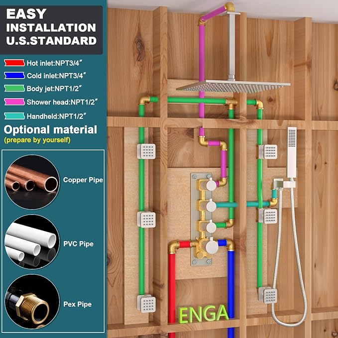 Enga Rain Shower Jet Thermostatic System Work At the Same Time, Body Spray with On-off Switch, 16inch Brushed Nickel Brass Faucet Complete Set