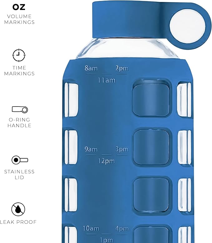 purifyou Premium 40/32 / 22/12 oz Glass Water Bottles with Volume & Times to Drink, Silicone Sleeve & Stainless Steel Lid Insert, Reusable Bottle for Fridge Water, Juice (22oz Chinese Porcelain)