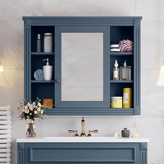 Merax Bathroom Medicine Cabinet with Mirror, Wall Mounted Over Toilet Storage Cabinet Organizer with Doors and Shelves for Bathroom Laundry Room (Mirror Cabinet Only, Blue)