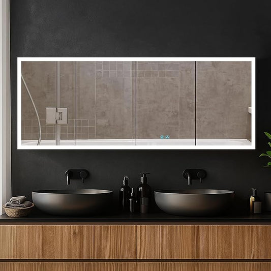 Blossom LED Mirror Medicine Cabinet with Lights, 72x32 Inch | Wall Mounted LED Lighted Bathroom Medicine Cabinet | Recessed or Surface with Defogger, 3 Color Dimmer | Makeup Mirror with Lights